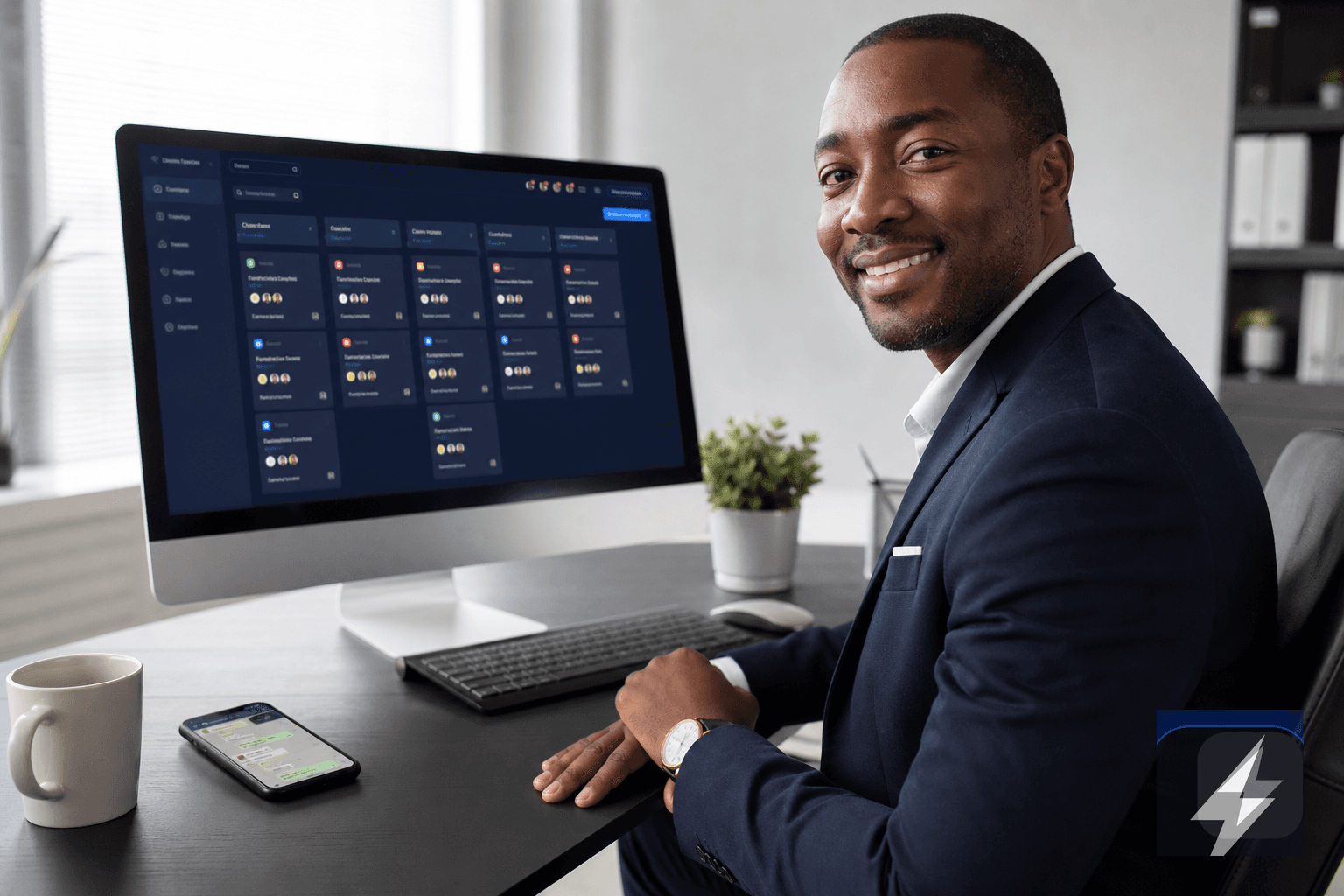 Business owner smiling at a Thunderbolt-powered ops dashboard